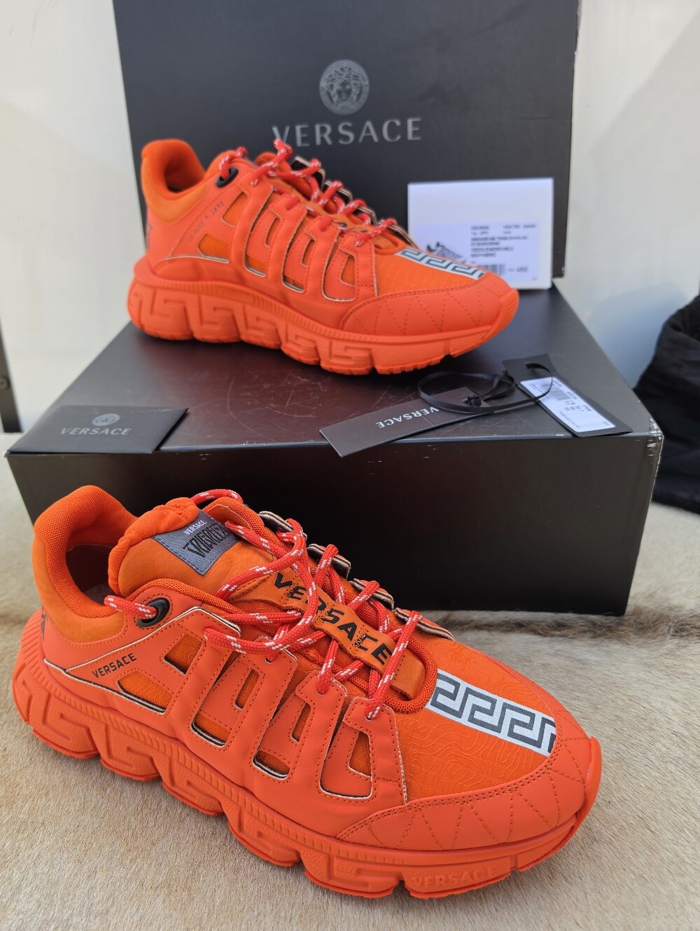 Versace Orange Canvas and Leather Trigreca Lace Up Sneakers Size 44 - Picture 3 of 10
